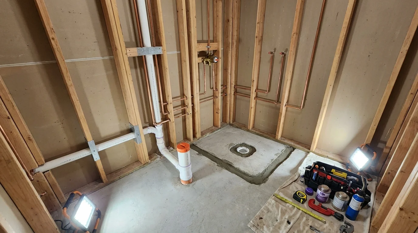Bathroom rough-in plumbing during remodel by Johns Plumbing LLC in Scituate