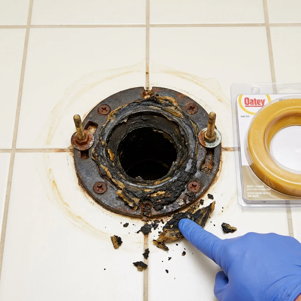 Failed wax ring showing water seepage at the base of a toilet in a Scituate, MA home